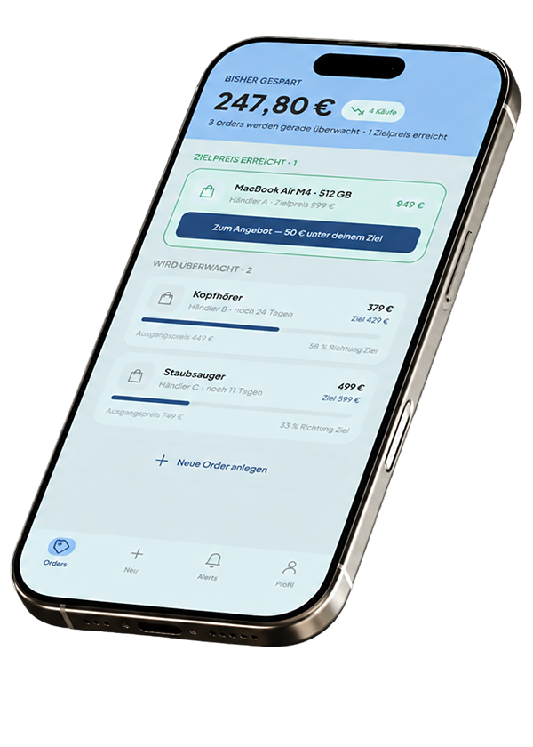 Orders-Übersicht in der App: bisher gesparter Betrag, erreichter Zielpreis und laufende Preisüberwachungen (Anwendungsbeispiel)